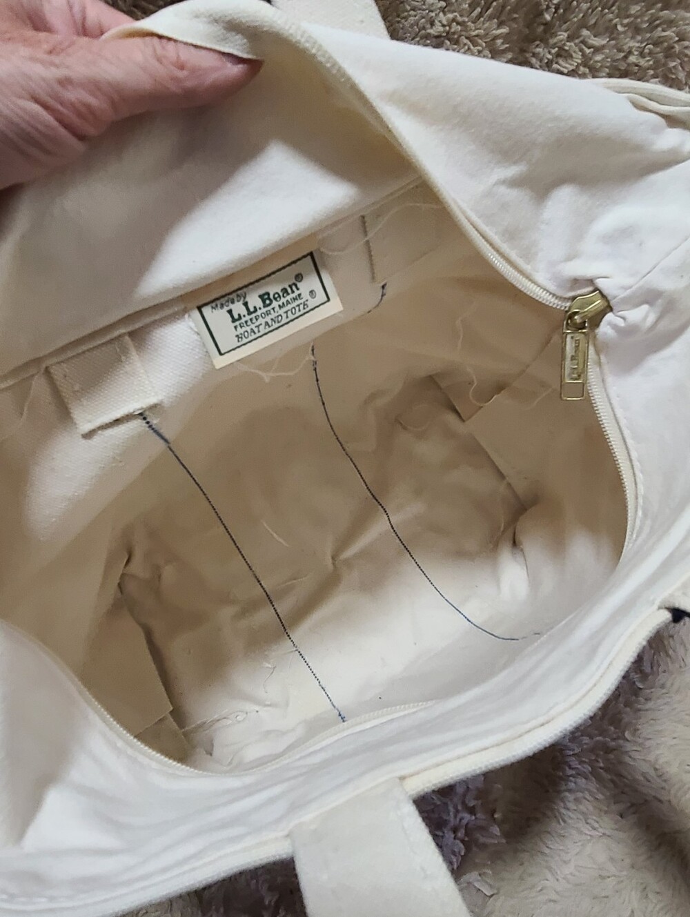 L.L. Bean Cream Canvas Boat Tote with Navy Stitching, Zip Close - Picture 3 of 9